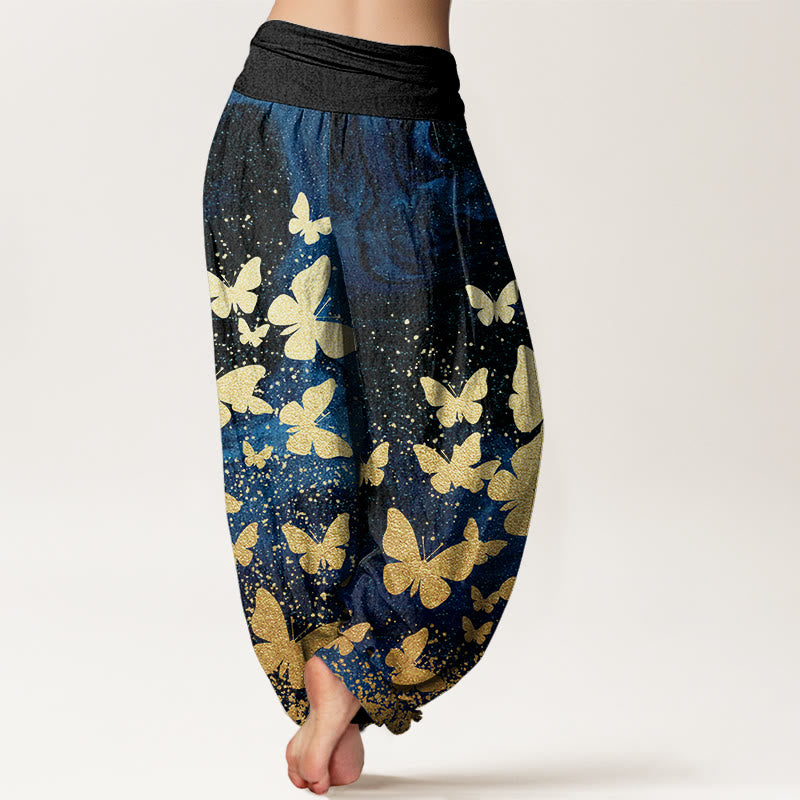 Pantaloni harem da donna con elastico in vita e motivo a farfalla dorata casual Buddha Stones - image 3