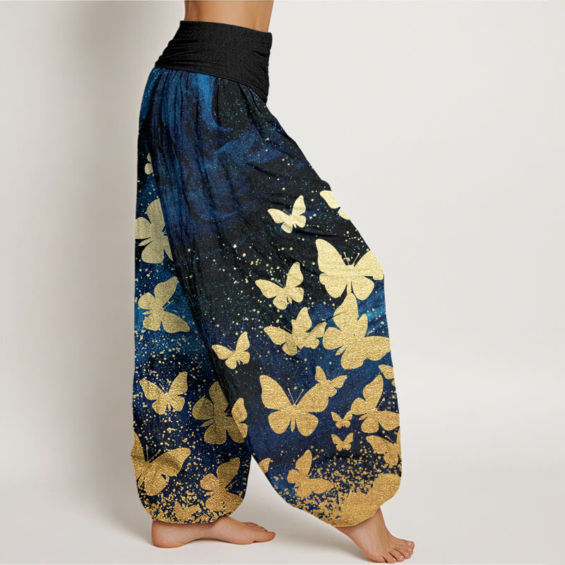 Pantaloni harem da donna con elastico in vita e motivo a farfalla dorata casual Buddha Stones - image 2