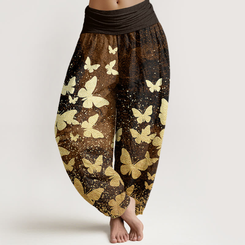 Pantaloni harem da donna con elastico in vita e motivo a farfalla dorata casual Buddha Stones - Marrone sella - US22, UK/AU26, EU54 (6XL) - image 5