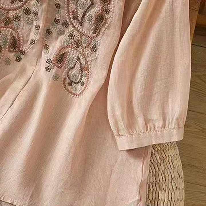 Camicia da donna in cotone con scollo a giro, manica corta, girocollo, con bottoni e ricamo Buddha Stones, casual e ampia - image 18