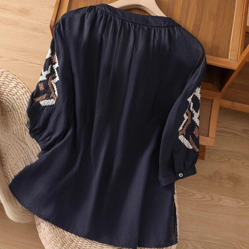 T-shirt casual da donna con scollo a giro, manica corta, in spandex, con ricamo simmetrico Buddha Stones
