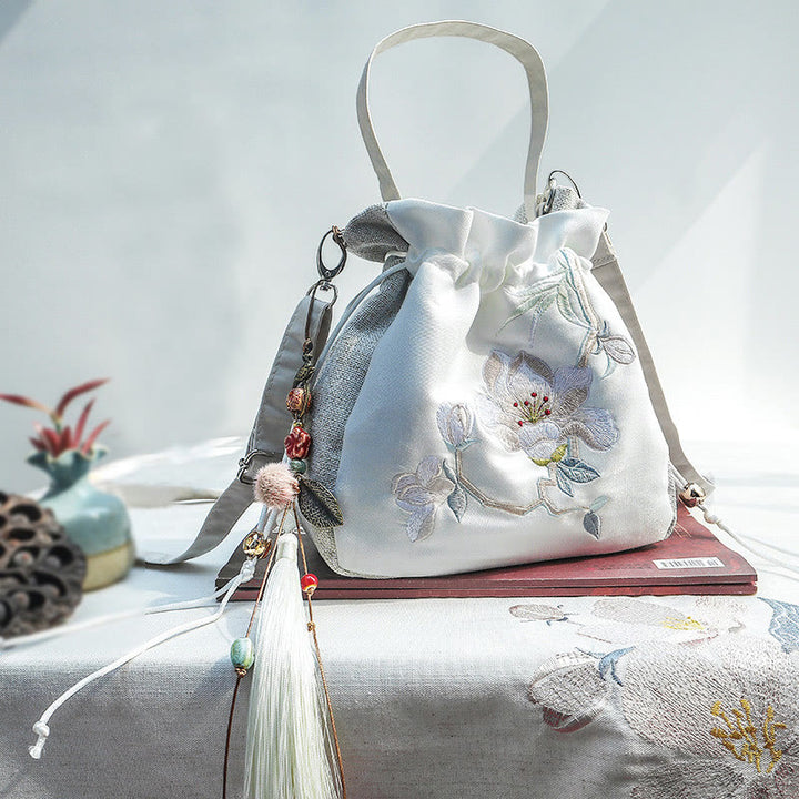 Borsa a tracolla in cotone e lino con ricamo Buddha Stones Magnolia Plum Blossom
