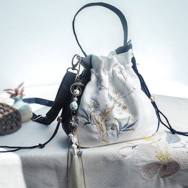 Borsa a tracolla in cotone e lino con ricamo Buddha Stones Magnolia Plum Blossom