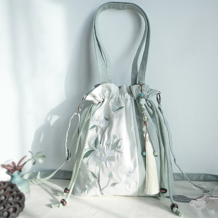 Borsa a tracolla in tela Epiphyllum verde pera blu ricamata con Buddha Stones