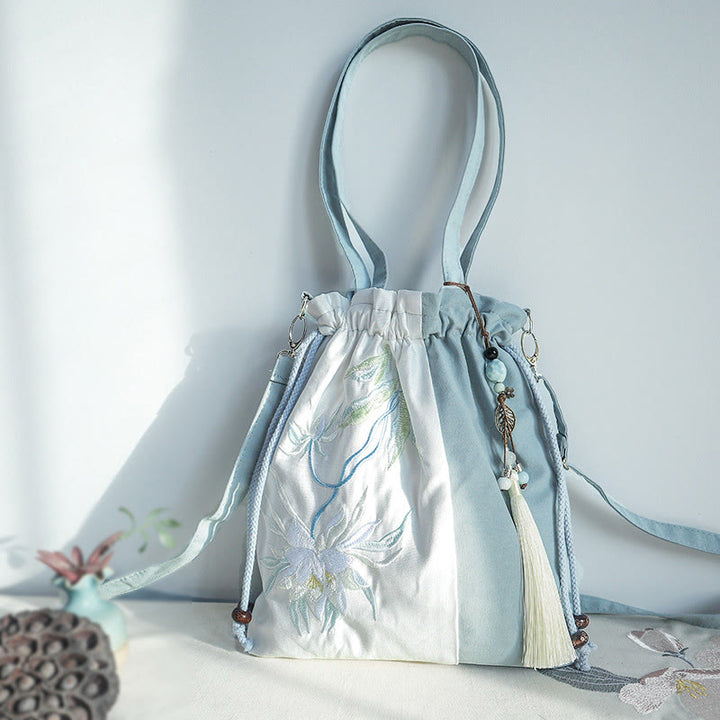 Borsa a tracolla in tela Epiphyllum verde pera blu ricamata con Buddha Stones