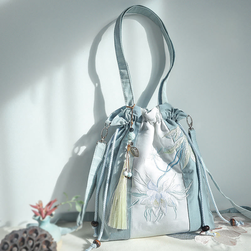 Borsa a tracolla in tela Epiphyllum verde pera blu ricamata con Buddha Stones