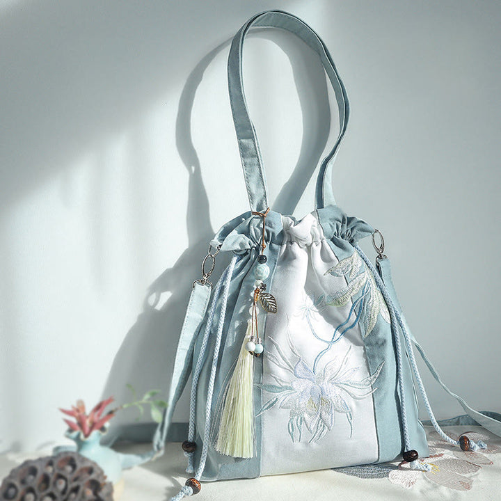 Borsa a tracolla in tela Epiphyllum verde pera blu ricamata con Buddha Stones