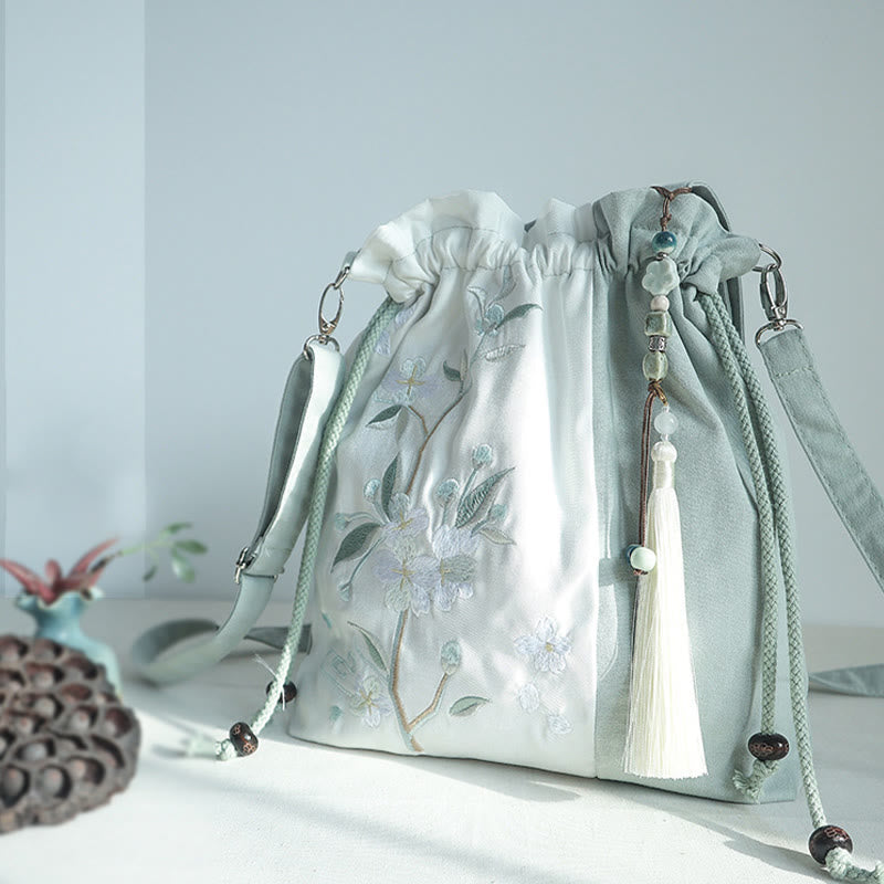 Borsa a tracolla in tela Epiphyllum verde pera blu ricamata con Buddha Stones