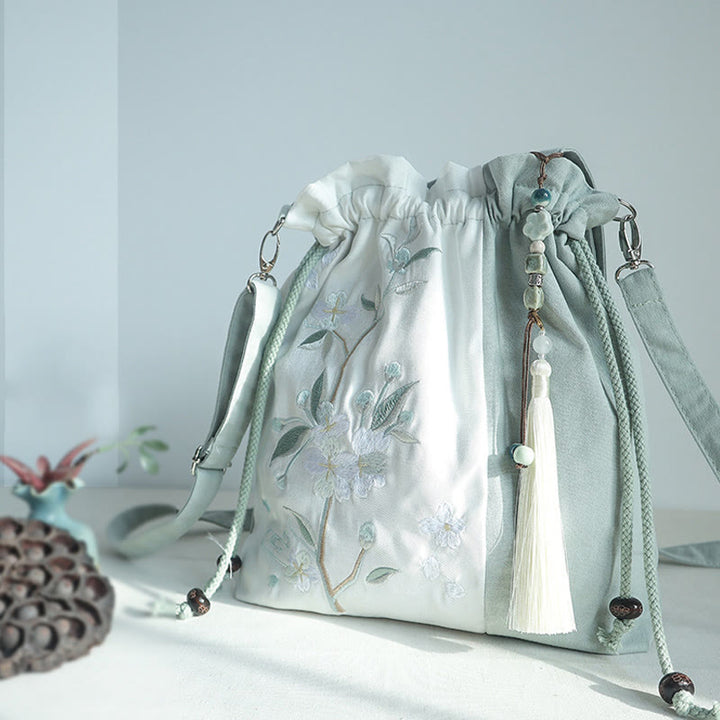 Borsa a tracolla in tela Epiphyllum verde pera blu ricamata con Buddha Stones