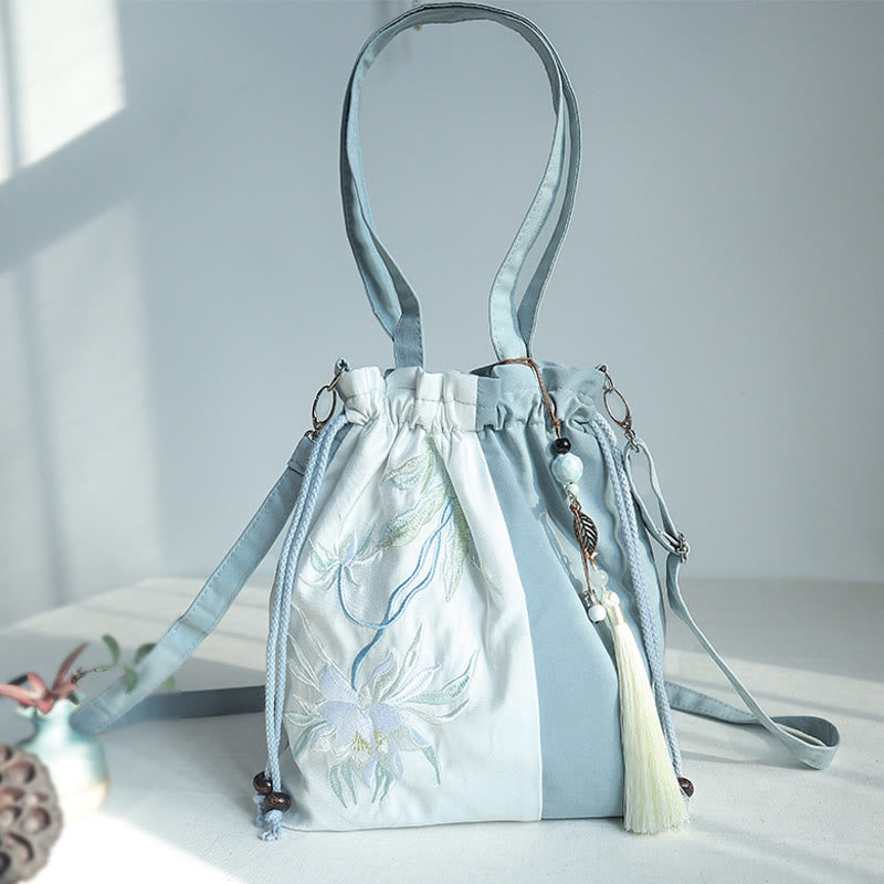 Borsa a tracolla in tela Epiphyllum verde pera blu ricamata con Buddha Stones