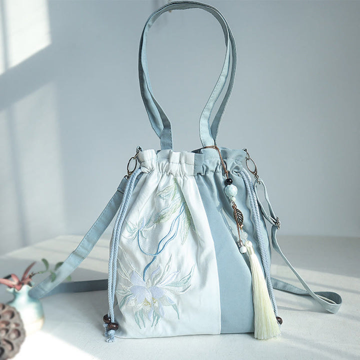 Borsa a tracolla in tela Epiphyllum verde pera blu ricamata con Buddha Stones