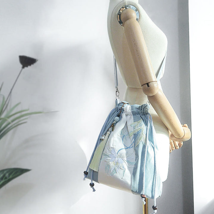 Borsa a tracolla in tela Epiphyllum verde pera blu ricamata con Buddha Stones