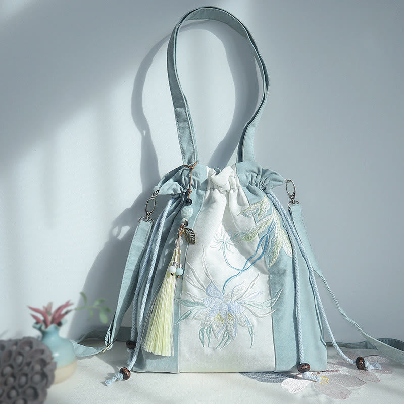 Borsa a tracolla in tela Epiphyllum verde pera blu ricamata con Buddha Stones