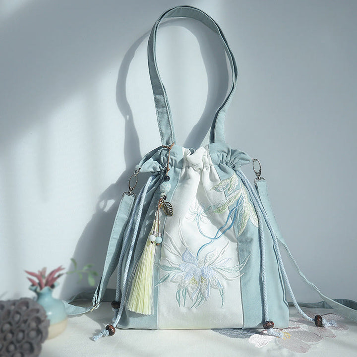 Borsa a tracolla in tela Epiphyllum verde pera blu ricamata con Buddha Stones