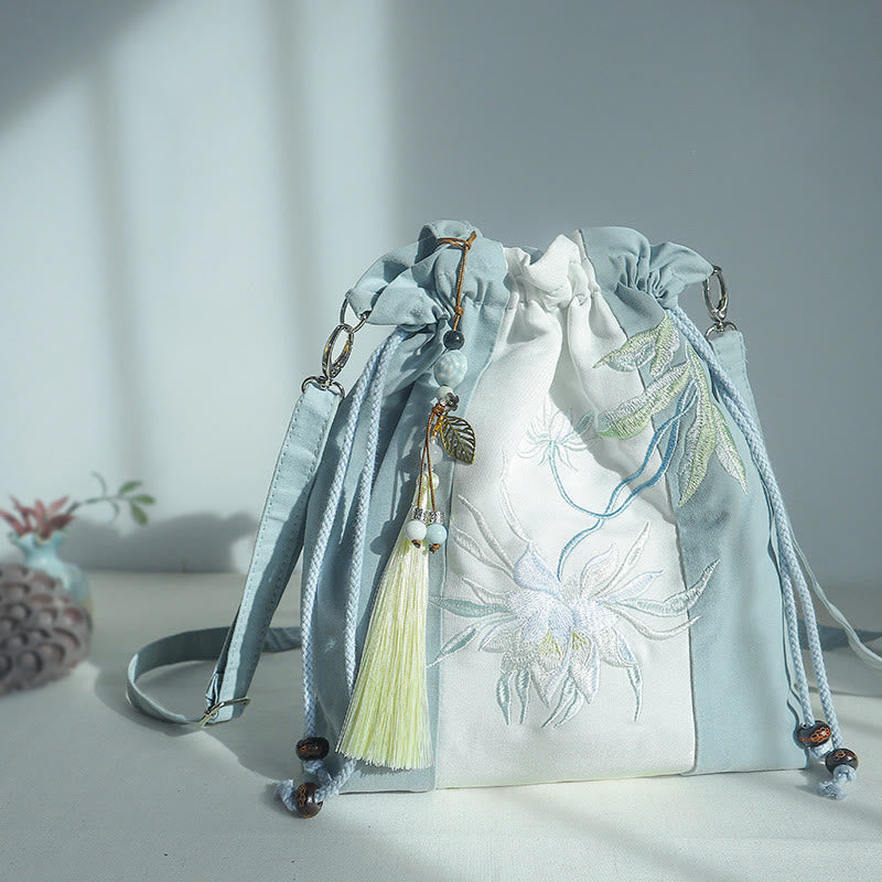 Borsa a tracolla in tela Epiphyllum verde pera blu ricamata con Buddha Stones