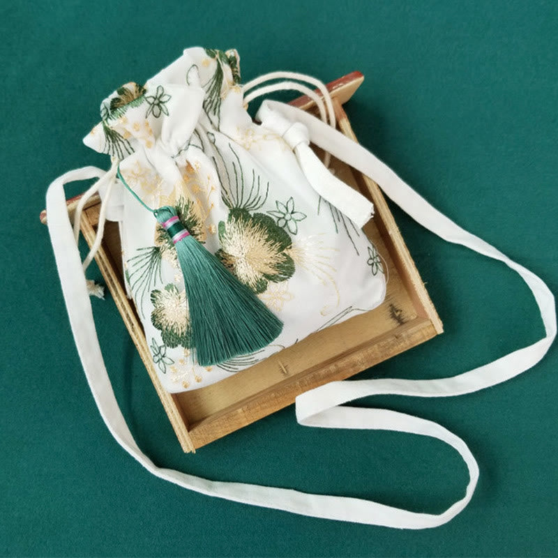 Borsa a tracolla in tela Buddha Stones, fiori ricamati, fiori di ciliegio, vite