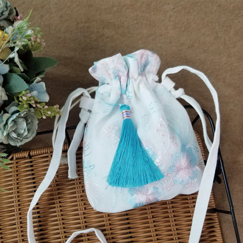 Borsa a tracolla in tela Buddha Stones, fiori ricamati, fiori di ciliegio, vite