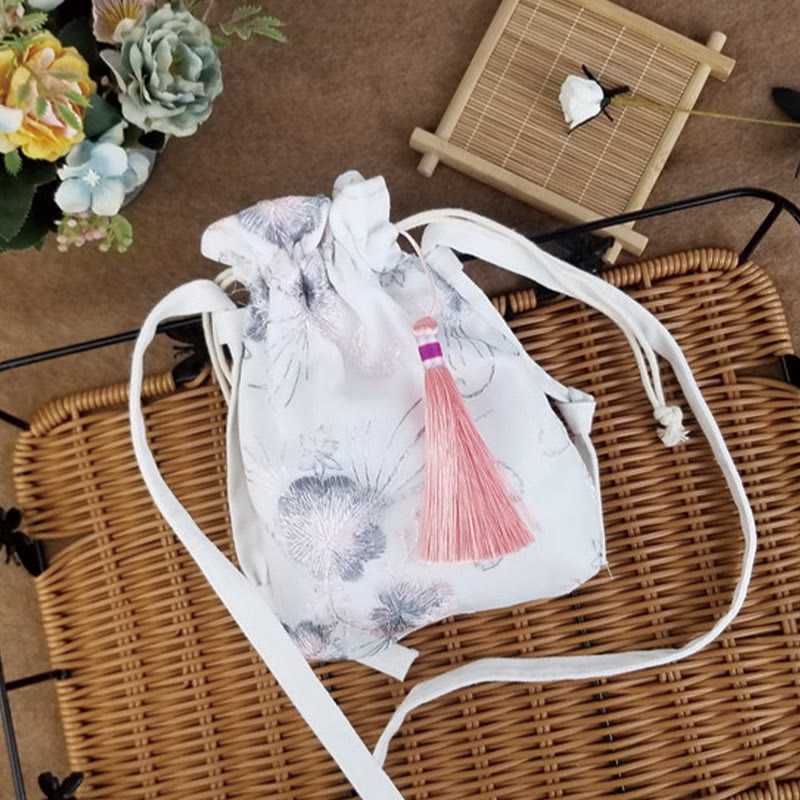 Borsa a tracolla in tela Buddha Stones, fiori ricamati, fiori di ciliegio, vite