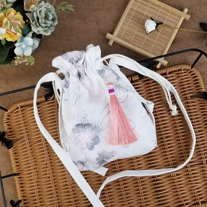 Borsa a tracolla in tela Buddha Stones, fiori ricamati, fiori di ciliegio, vite