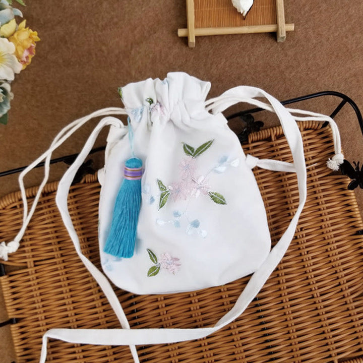 Borsa a tracolla in tela Buddha Stones, fiori ricamati, fiori di ciliegio, vite