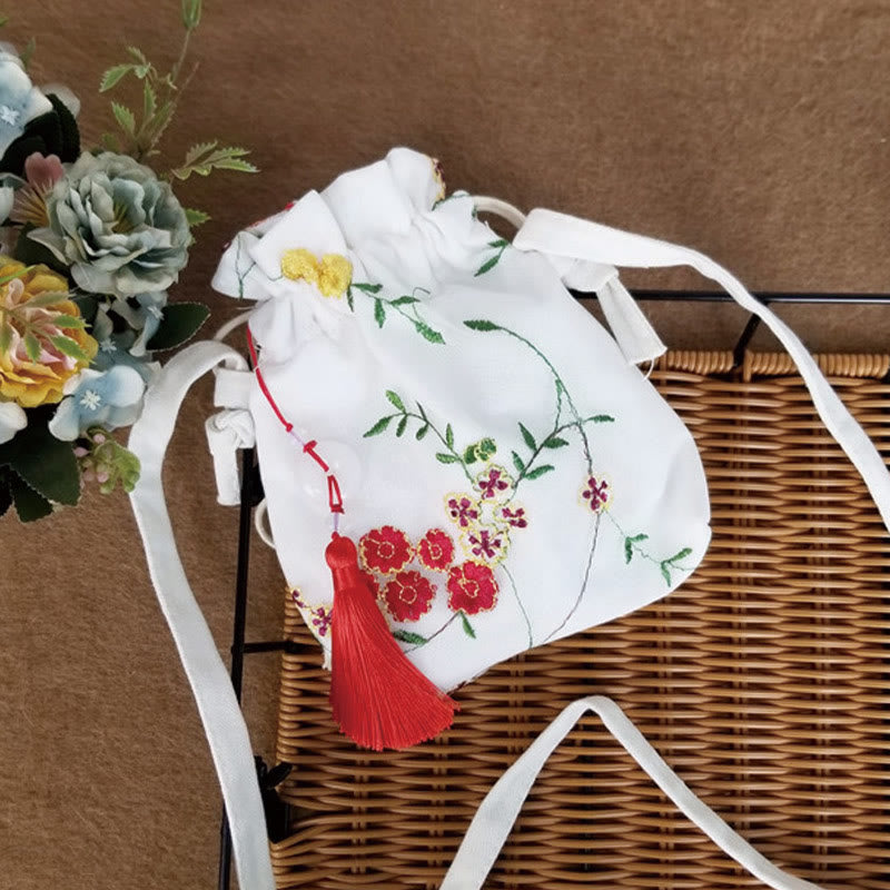 Borsa a tracolla in tela Buddha Stones, fiori ricamati, fiori di ciliegio, vite