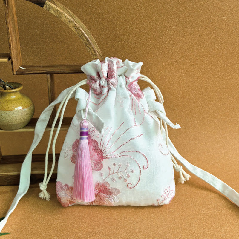 Borsa a tracolla in tela Buddha Stones, fiori ricamati, fiori di ciliegio, vite