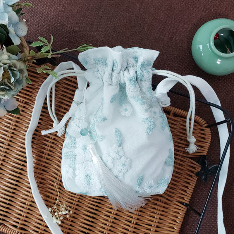 Borsa a tracolla in tela Buddha Stones, fiori ricamati, fiori di ciliegio, vite