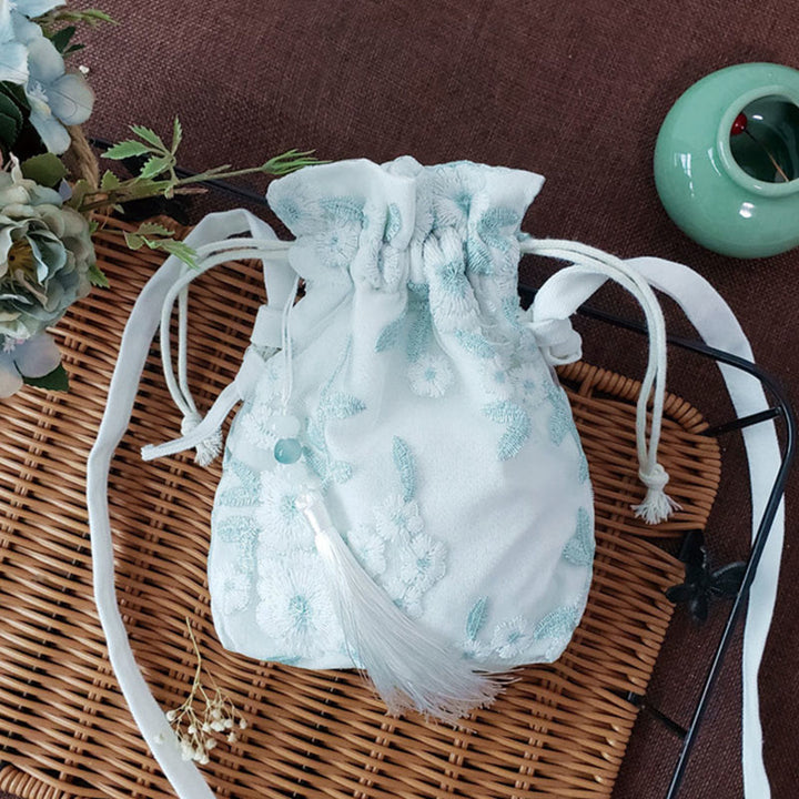 Borsa a tracolla in tela Buddha Stones, fiori ricamati, fiori di ciliegio, vite