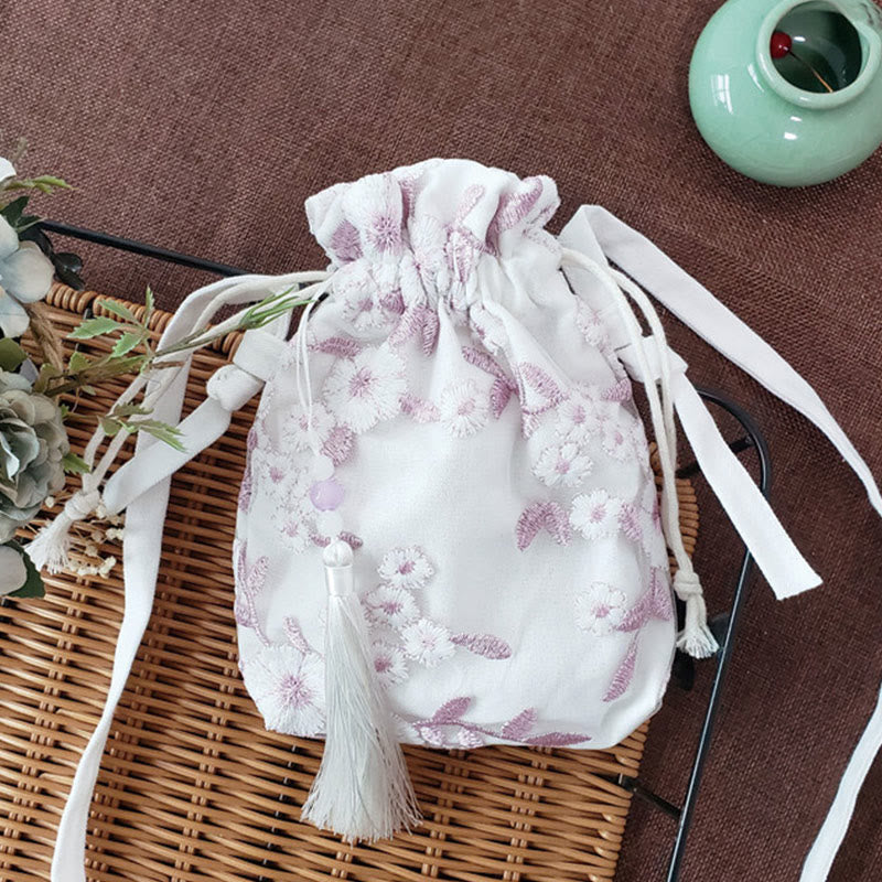 Borsa a tracolla in tela Buddha Stones, fiori ricamati, fiori di ciliegio, vite