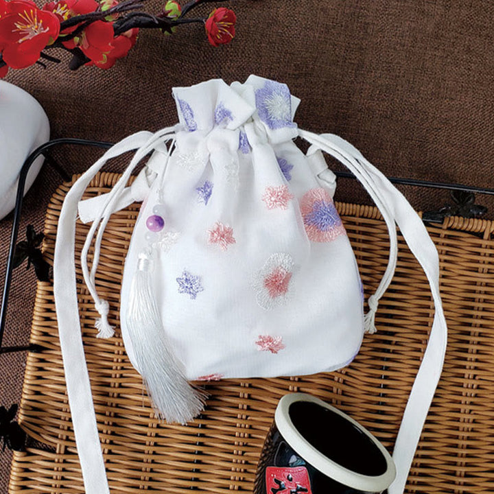 Borsa a tracolla in tela Buddha Stones, fiori ricamati, fiori di ciliegio, vite