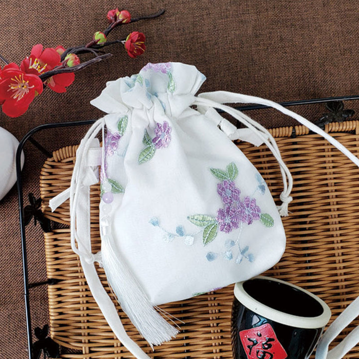 Borsa a tracolla in tela Buddha Stones, fiori ricamati, fiori di ciliegio, vite