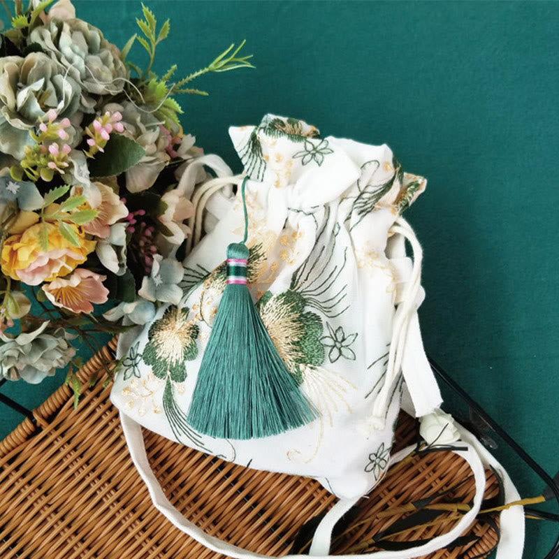 Borsa a tracolla in tela Buddha Stones, fiori ricamati, fiori di ciliegio, vite