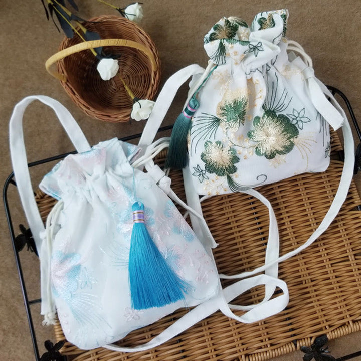 Borsa a tracolla in tela Buddha Stones, fiori ricamati, fiori di ciliegio, vite