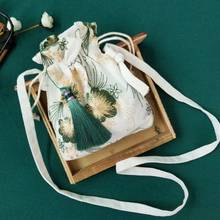 Borsa a tracolla in tela Buddha Stones, fiori ricamati, fiori di ciliegio, vite