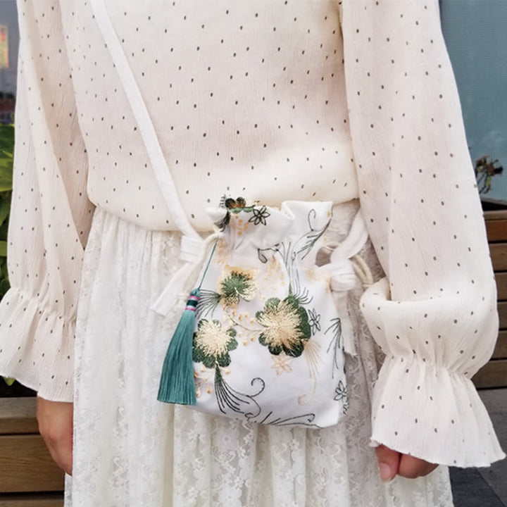 Borsa a tracolla in tela Buddha Stones, fiori ricamati, fiori di ciliegio, vite