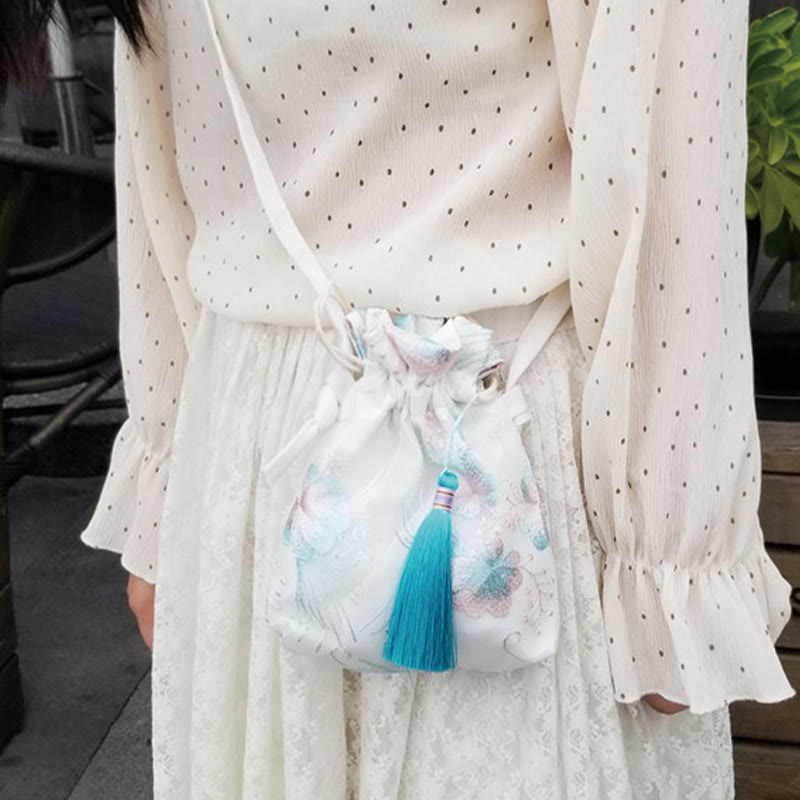 Borsa a tracolla in tela Buddha Stones, fiori ricamati, fiori di ciliegio, vite