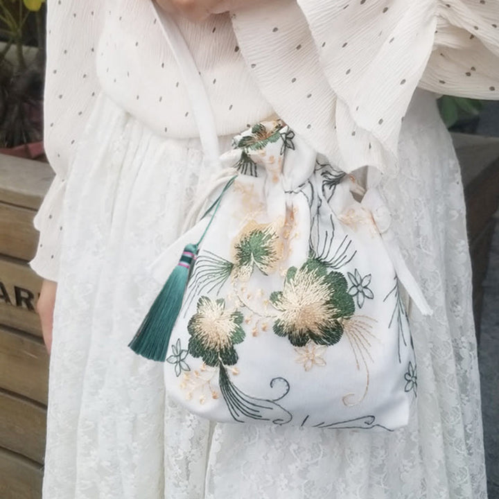 Borsa a tracolla in tela Buddha Stones, fiori ricamati, fiori di ciliegio, vite