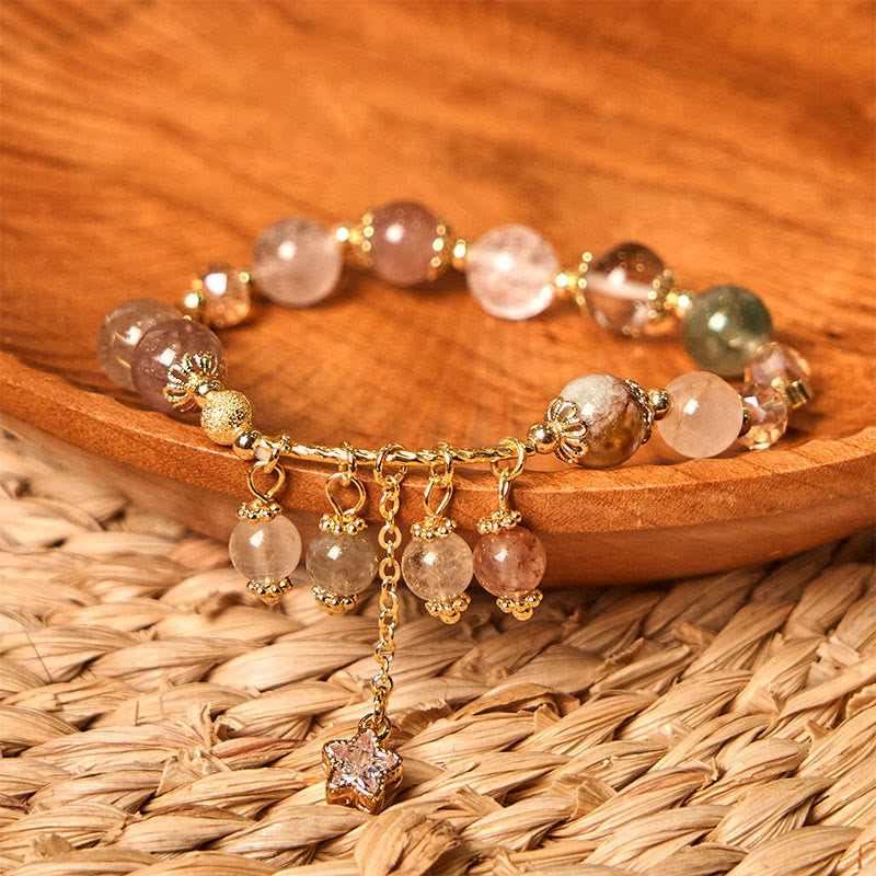 Braccialetto di auspicio con stelle a quadrifoglio e quarzo rutilato giallo colorato naturale di Buddha Stones
