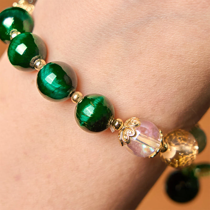 Braccialetto positivo con perline di occhio di tigre verde naturale Buddha Stones Green Leaf