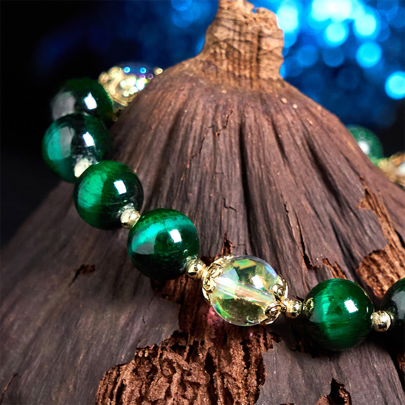 Braccialetto positivo con perline di occhio di tigre verde naturale Buddha Stones Green Leaf