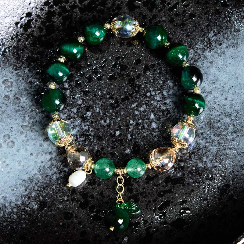 Braccialetto positivo con perline di occhio di tigre verde naturale Buddha Stones Green Leaf