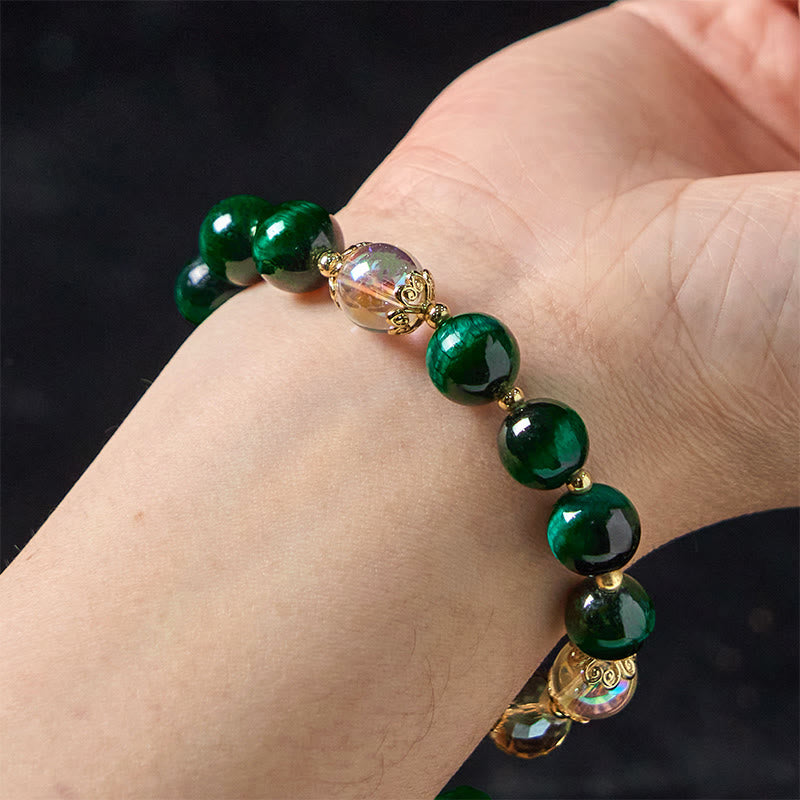 Braccialetto positivo con perline di occhio di tigre verde naturale Buddha Stones Green Leaf
