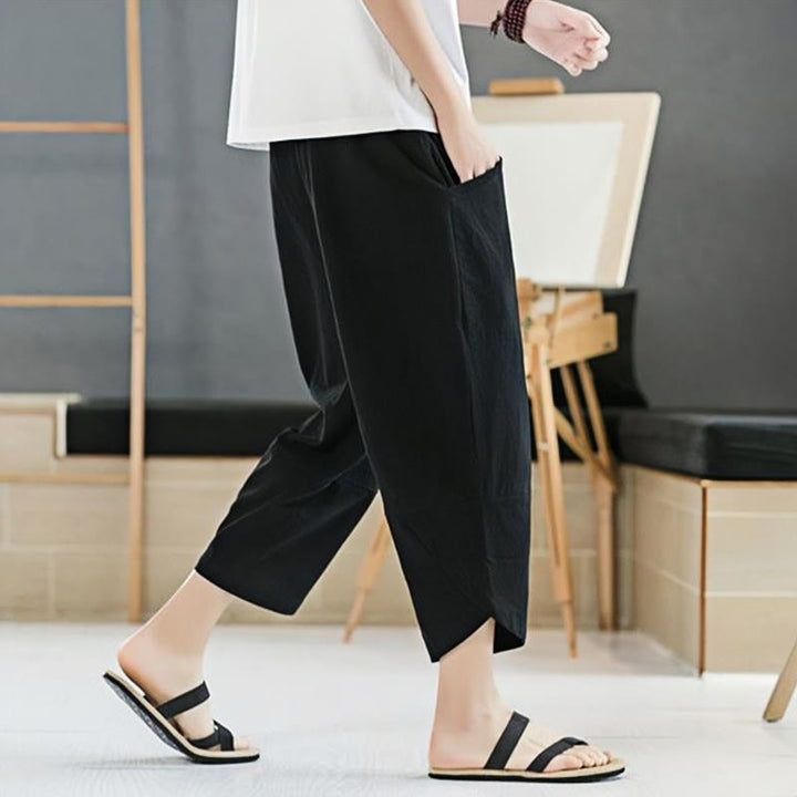 Pantaloni da uomo estivi Buddha Stones, tinta unita, in cotone e lino, con coulisse, lunghezza 7-8, con tasche