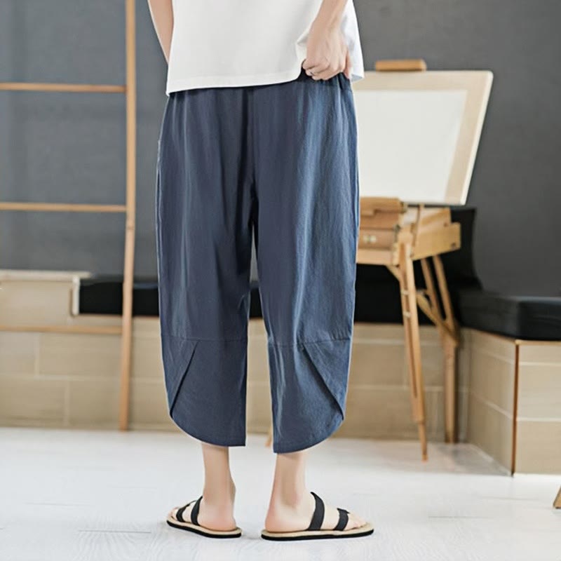 Pantaloni da uomo estivi Buddha Stones, tinta unita, in cotone e lino, con coulisse, lunghezza 7-8, con tasche