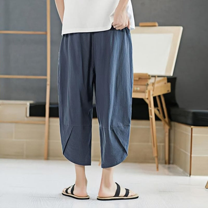 Pantaloni da uomo estivi Buddha Stones, tinta unita, in cotone e lino, con coulisse, lunghezza 7-8, con tasche