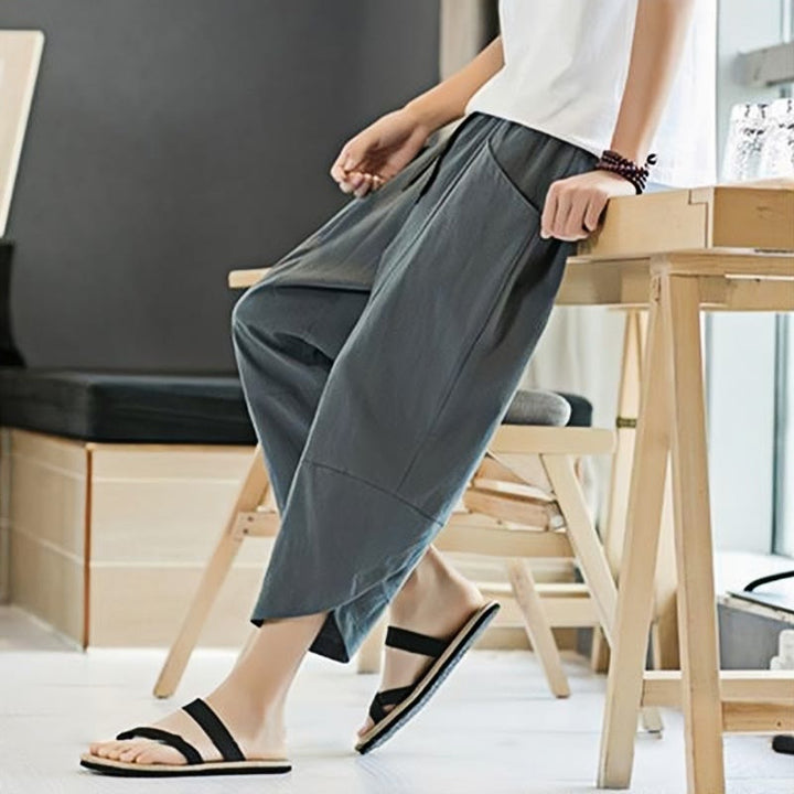 Pantaloni da uomo estivi Buddha Stones, tinta unita, in cotone e lino, con coulisse, lunghezza 7-8, con tasche