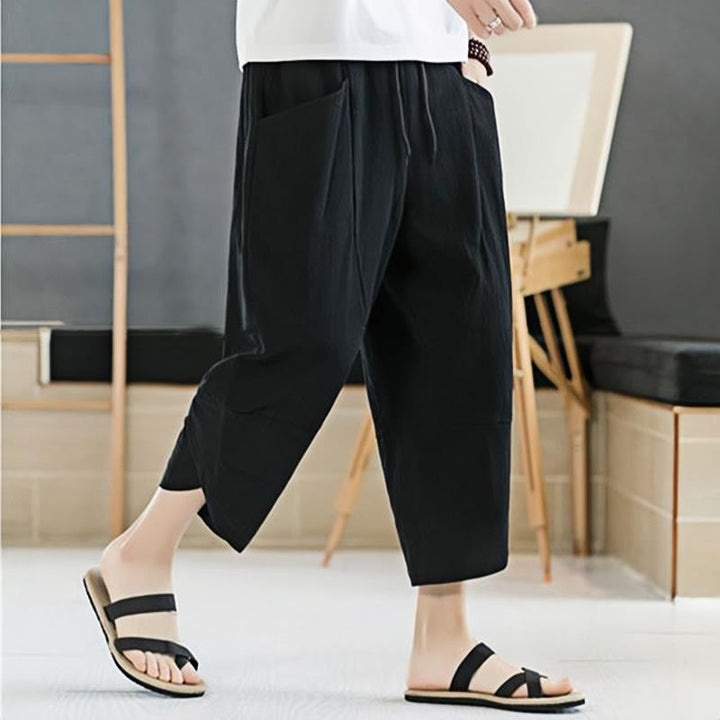 Pantaloni da uomo estivi Buddha Stones, tinta unita, in cotone e lino, con coulisse, lunghezza 7-8, con tasche