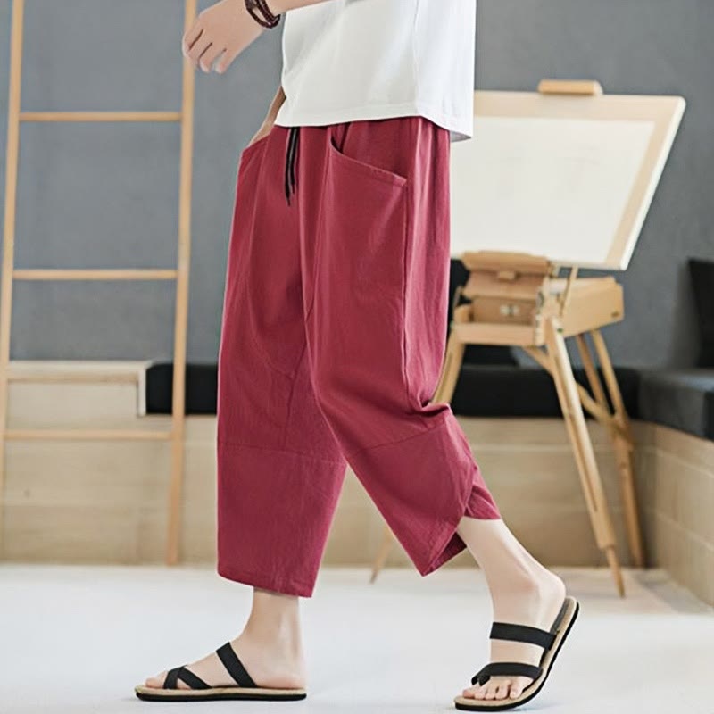 Pantaloni da uomo estivi Buddha Stones, tinta unita, in cotone e lino, con coulisse, lunghezza 7-8, con tasche