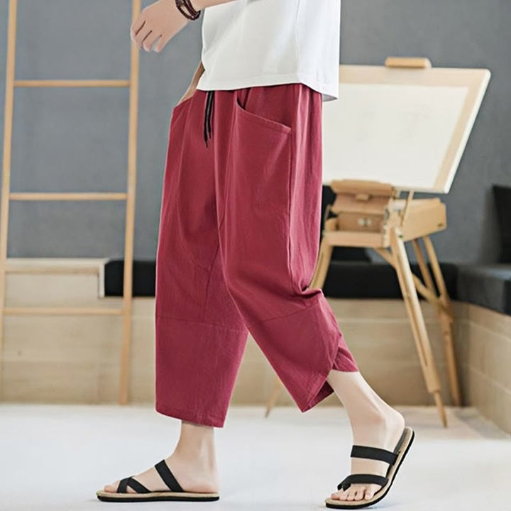 Pantaloni da uomo estivi Buddha Stones, tinta unita, in cotone e lino, con coulisse, lunghezza 7-8, con tasche