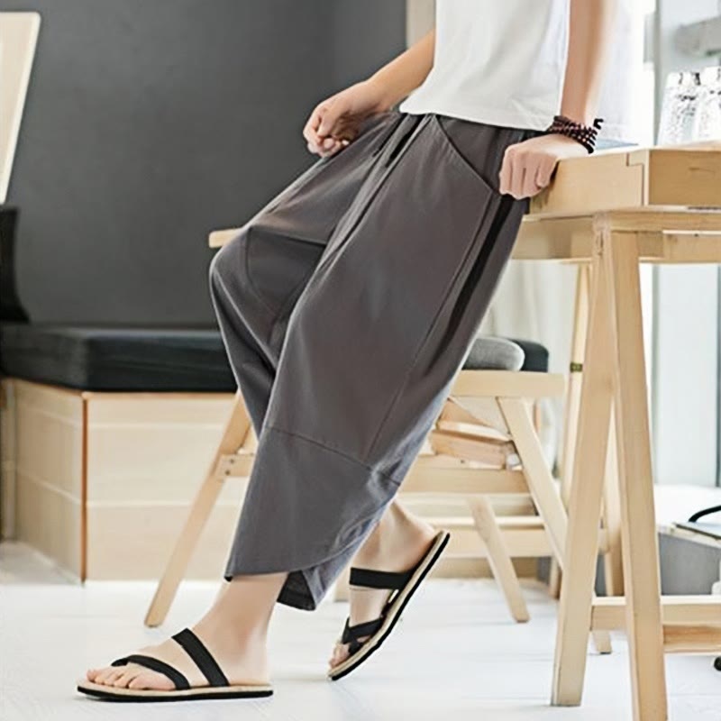 Pantaloni da uomo estivi Buddha Stones, tinta unita, in cotone e lino, con coulisse, lunghezza 7-8, con tasche